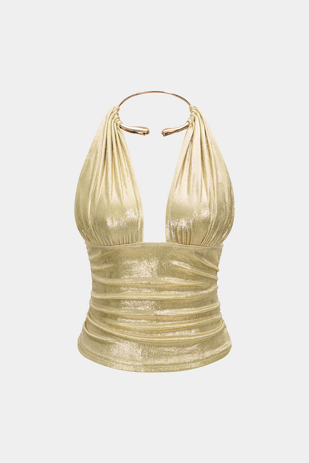 Metallic Ring Halter Backless Ruched Top - Weenar