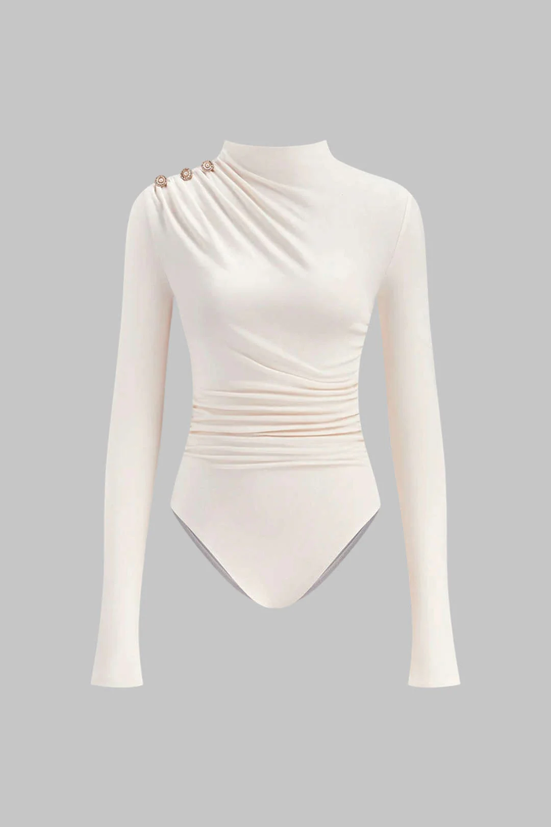 Asymmetrical Button Ruched Long Sleeve Bodysuit - Weenar