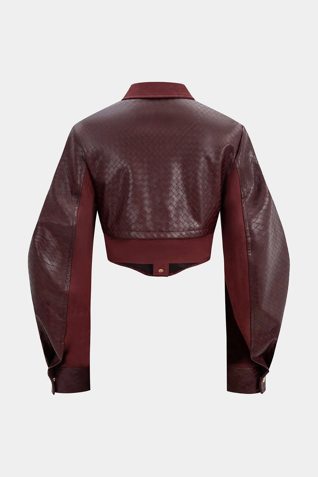 Woven Pattern Faux Leather Patchwork Cropped Jacket - Weenar