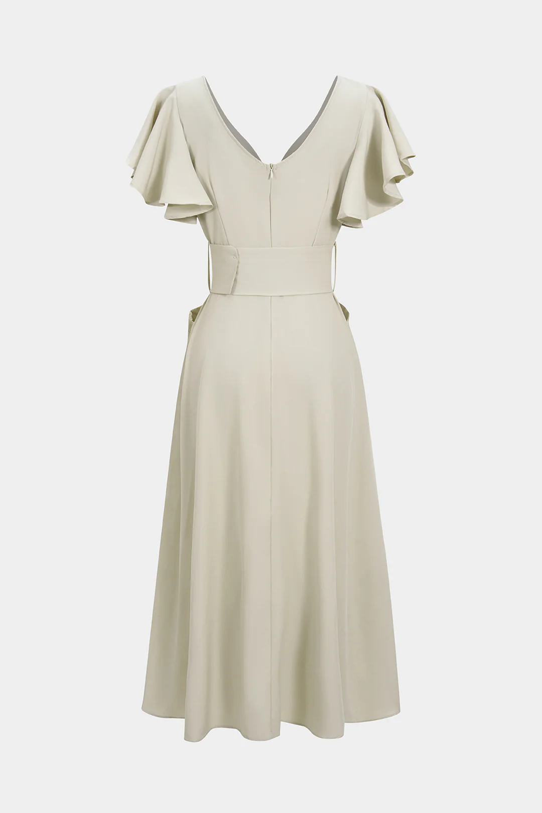 V-Neck Belted Pocket Ruffle Sleeve Slit Maxi Dress - Weenar