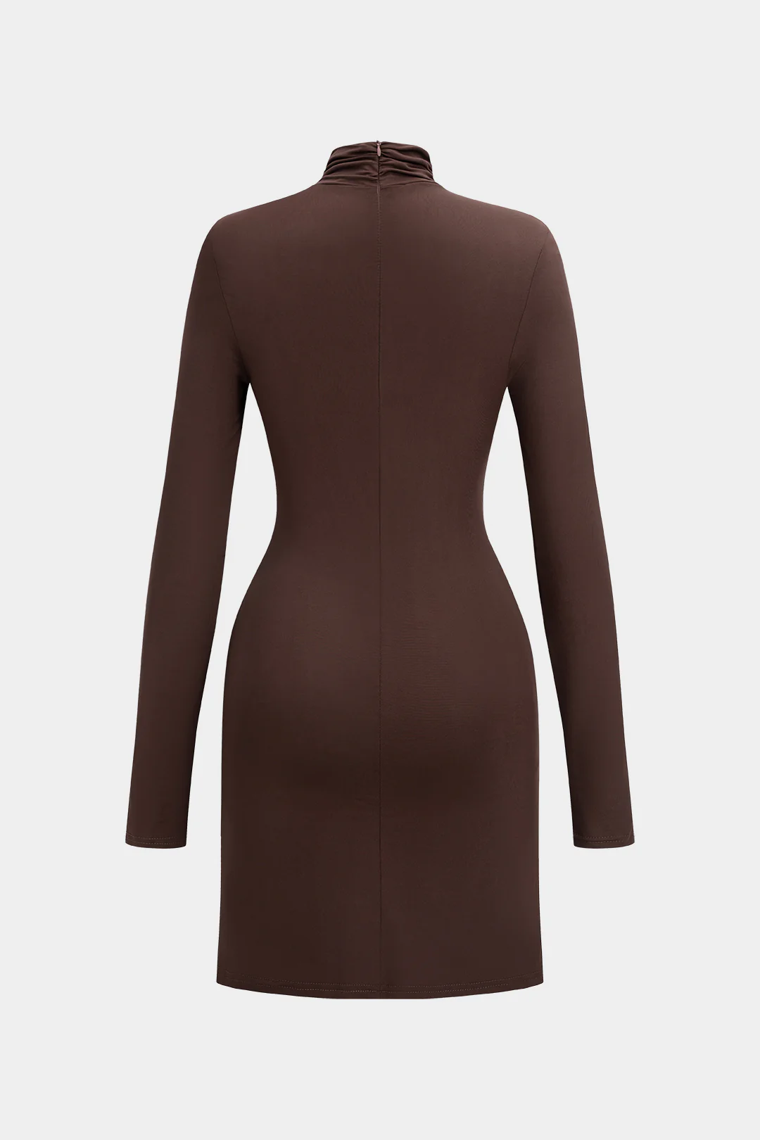 Mock Neck Ruched Zipper Long Sleeve Mini Dress - Weenar