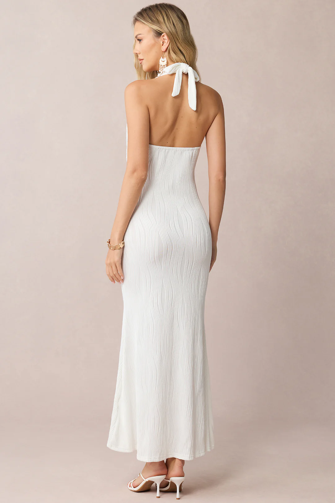Halter Neck Tie Back Backless Metallic Decor Sleeveless Maxi Dress - Weenar