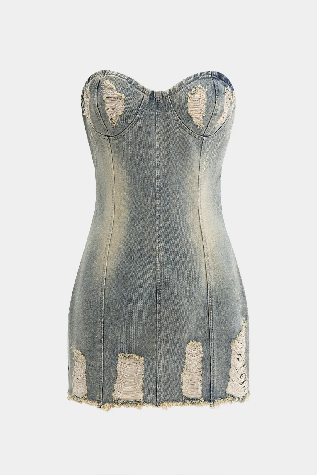Denim Distressed Bustier Strapless Dress - Weenar