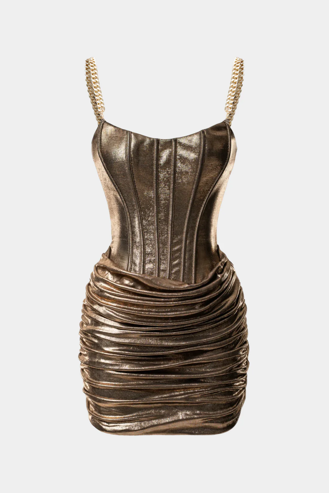 Metallic Chain Ruched Zipper Sleeveless Mini Dress - Weenar