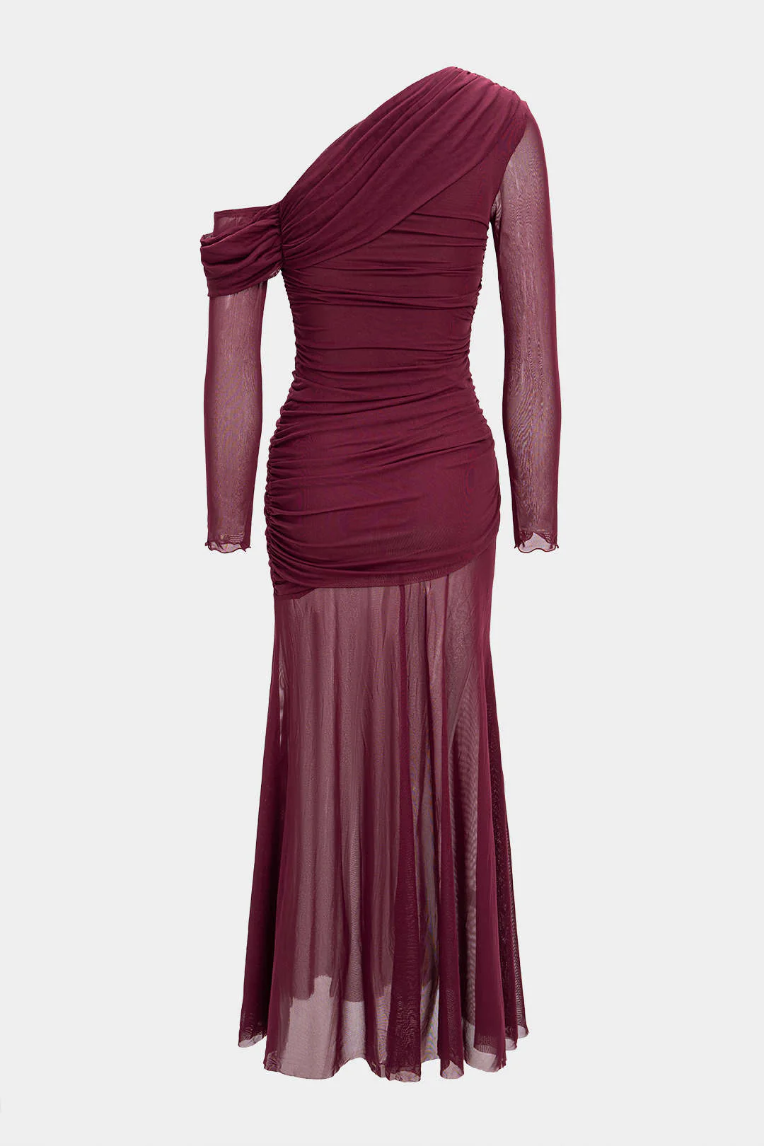Mesh Patchwork Ruched Long Sleeve Maxi Dress - Weenar