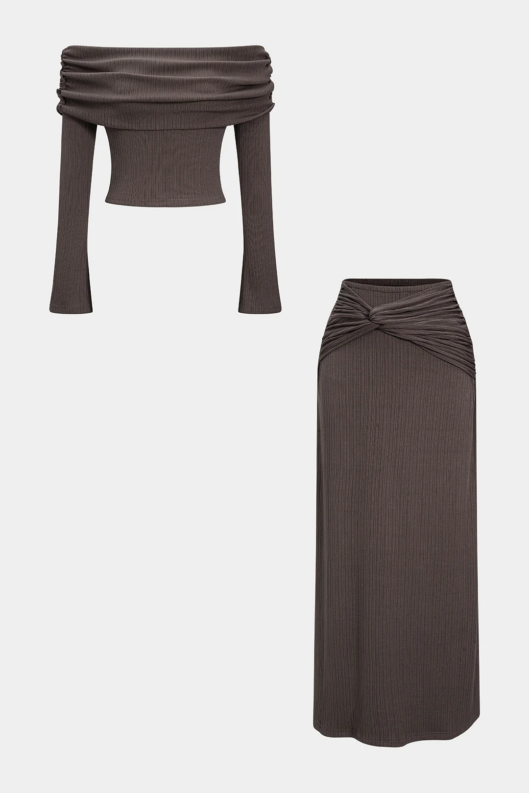 Off Shoulder Long-Sleeve Top And Twist Knot Skirt Set - Weenar
