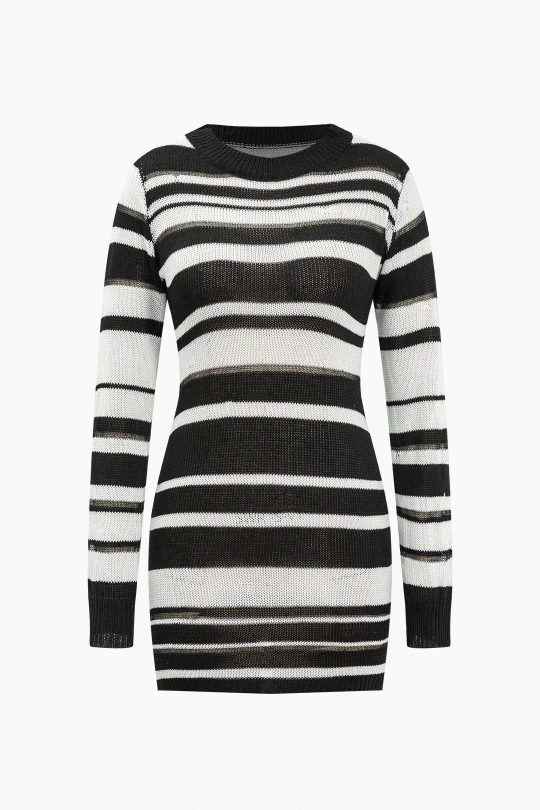Knit Color Block Round Neck Long Sleeve Dress - Weenar