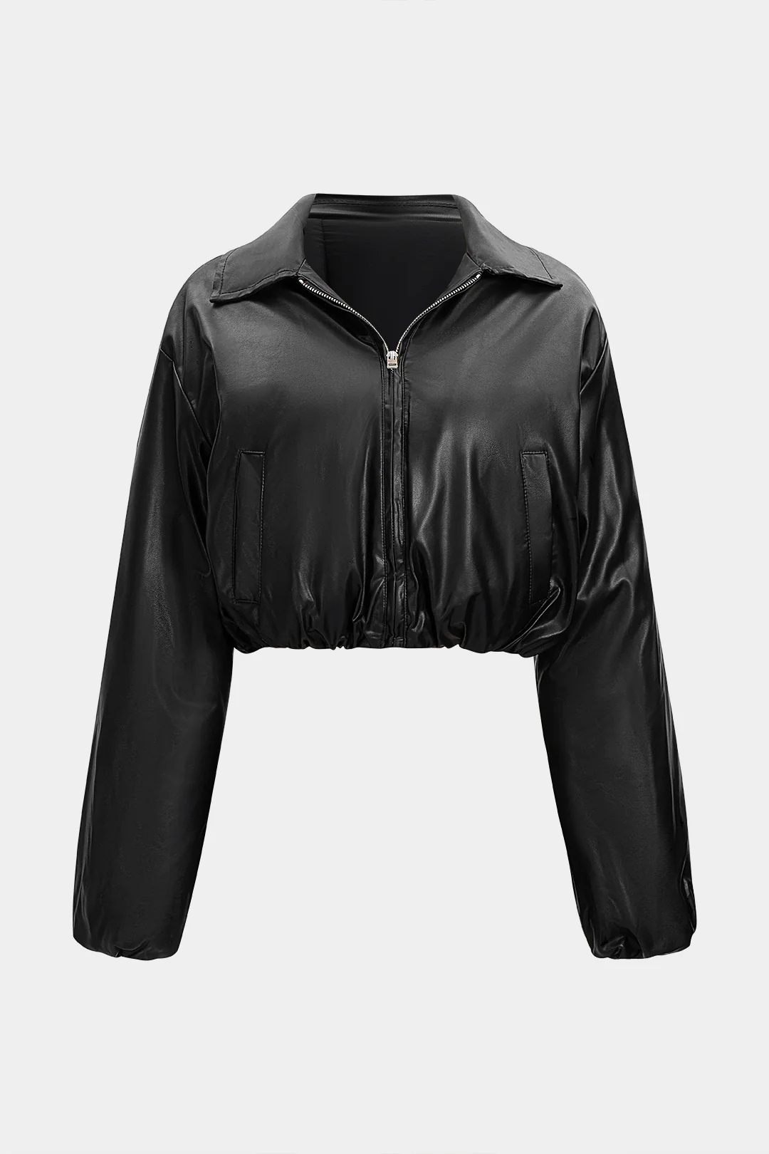 Faux Leather Ruched Zipper Pocket Cropped Puffer - Weenar