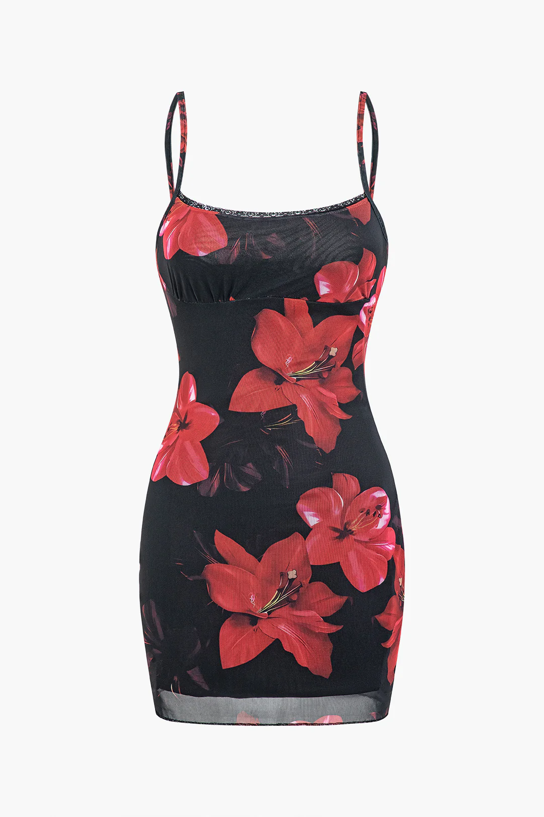 Mesh Lace Trim Floral Print Slip Sleeveless Mini Dress - Weenar