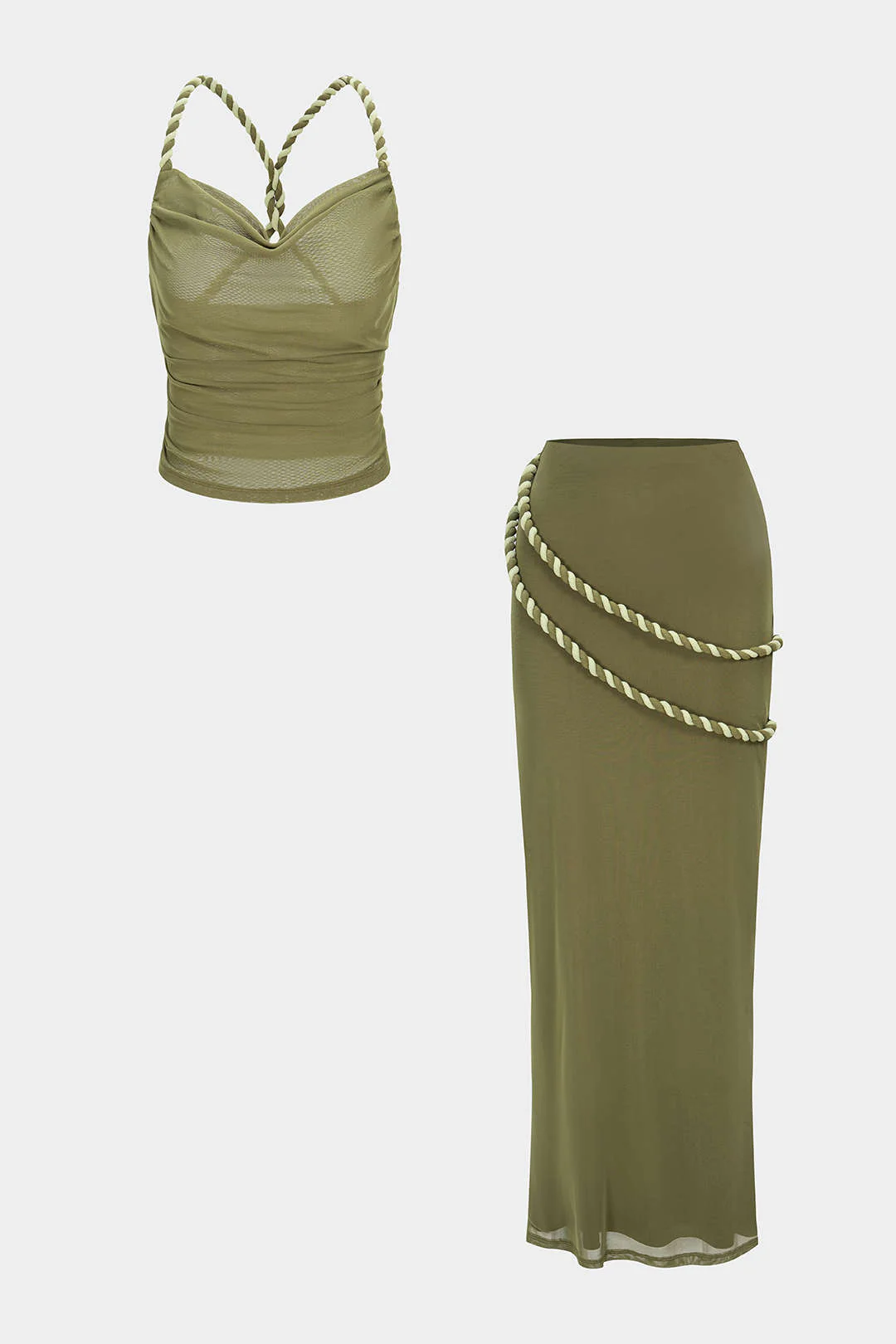 Mesh Crossed Twist Knot Backless Ruched Top And Asymmetrical Skirt Set - Weenar