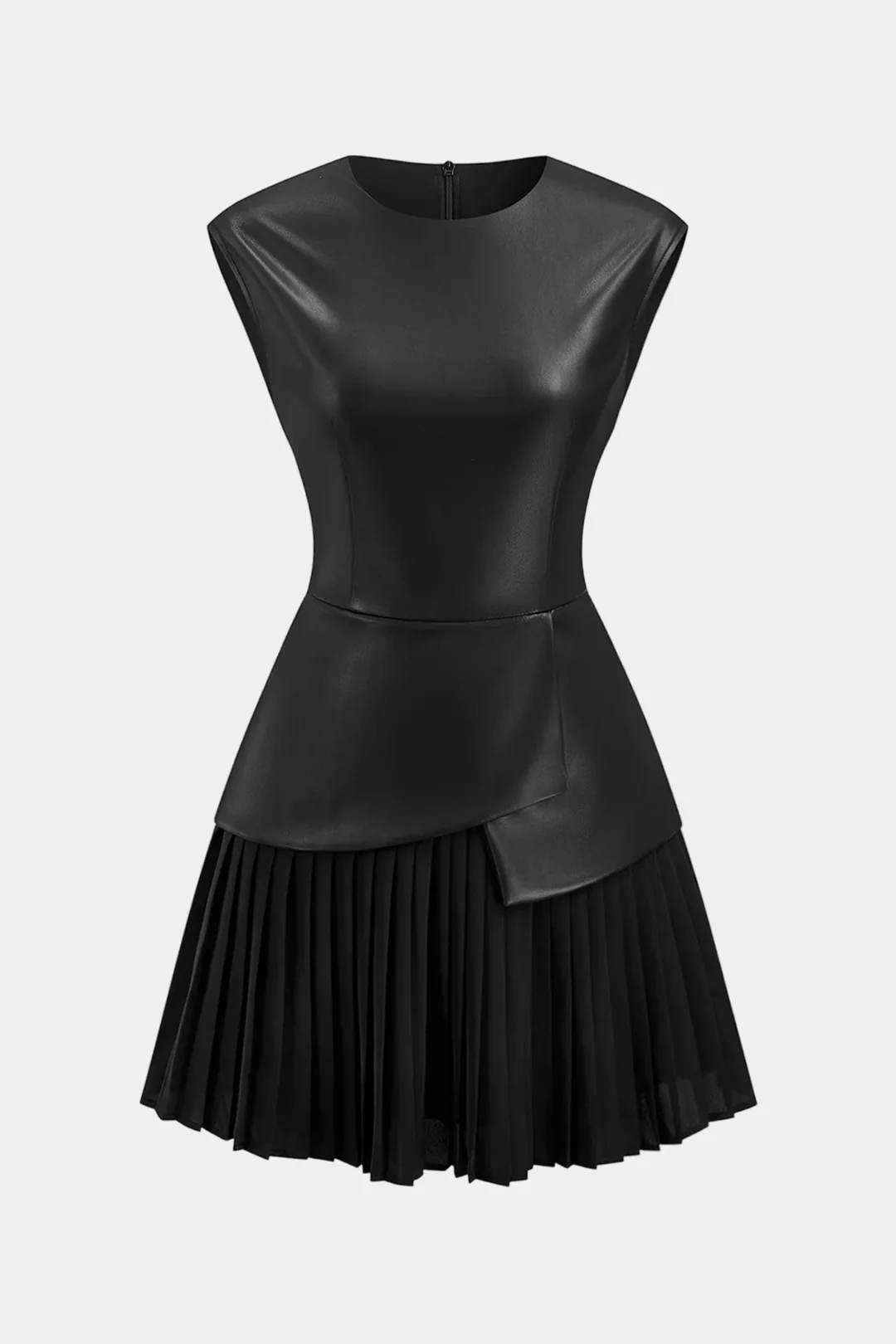 Faux Leather Patchwork Pleated Short Sleeve Mini Dress - Weenar