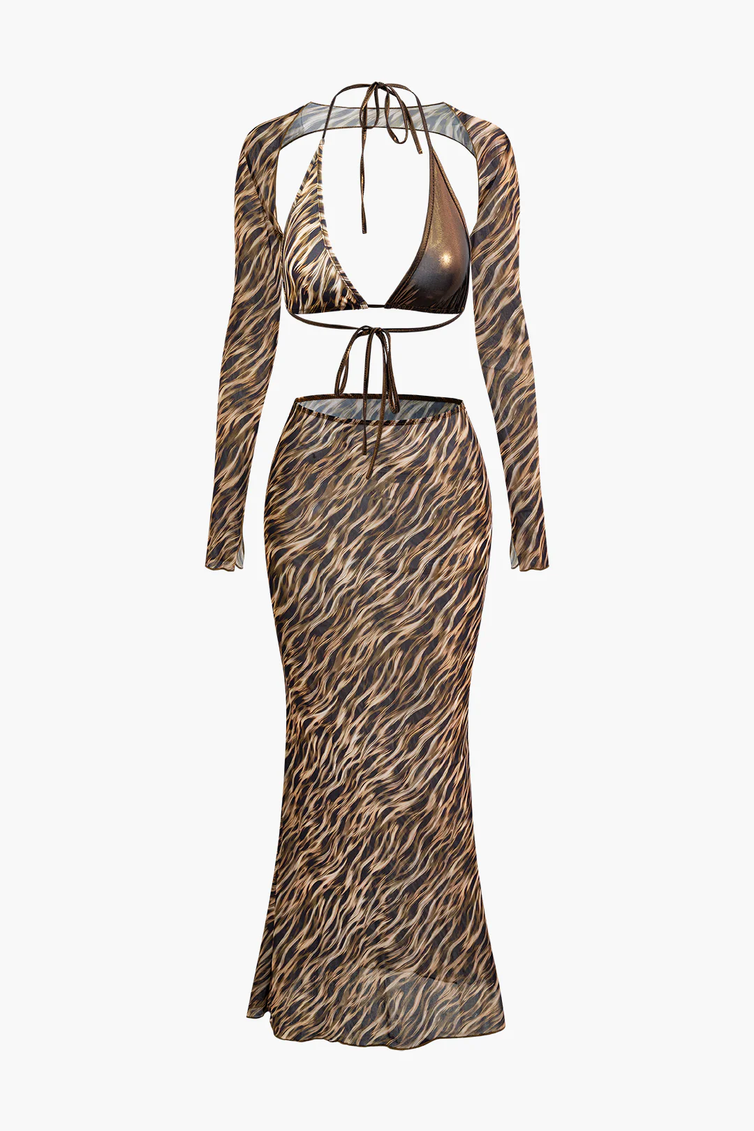 3PC Leopard Print Tie-Up Slip Lingerie And Skirt Set - Weenar