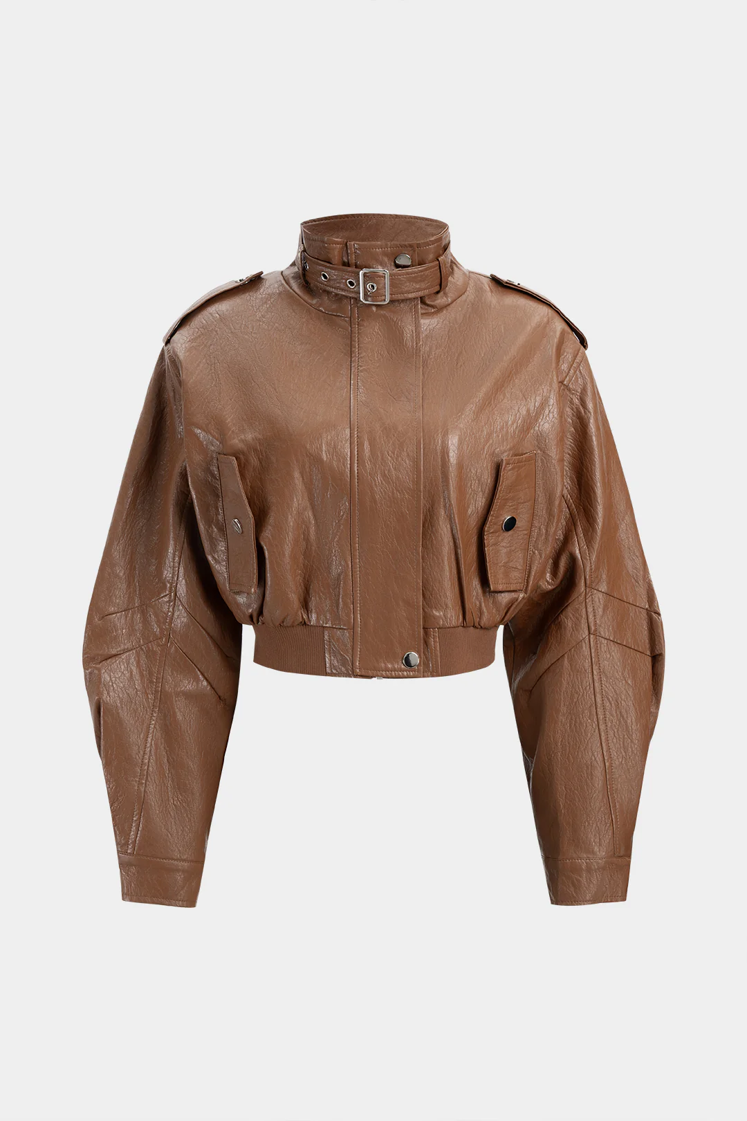 Faux Leather Stand Collar Cropped Jacket - Weenar