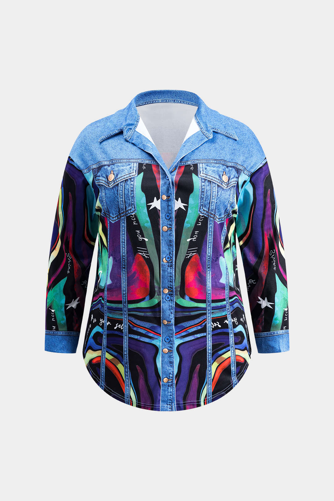 Plus Size Abstract Letter Print Button Pocket Long Sleeve Shirt And Skirt Set - Weenar