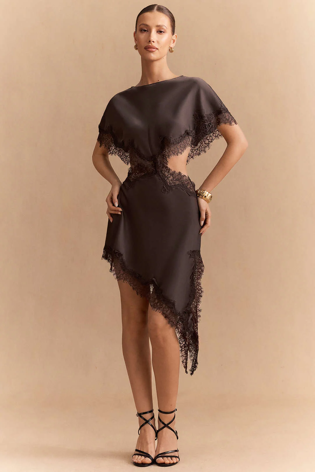 Satin Patchwork Lace Trim Cut Out Short Sleeve Midi Dress - Weenar