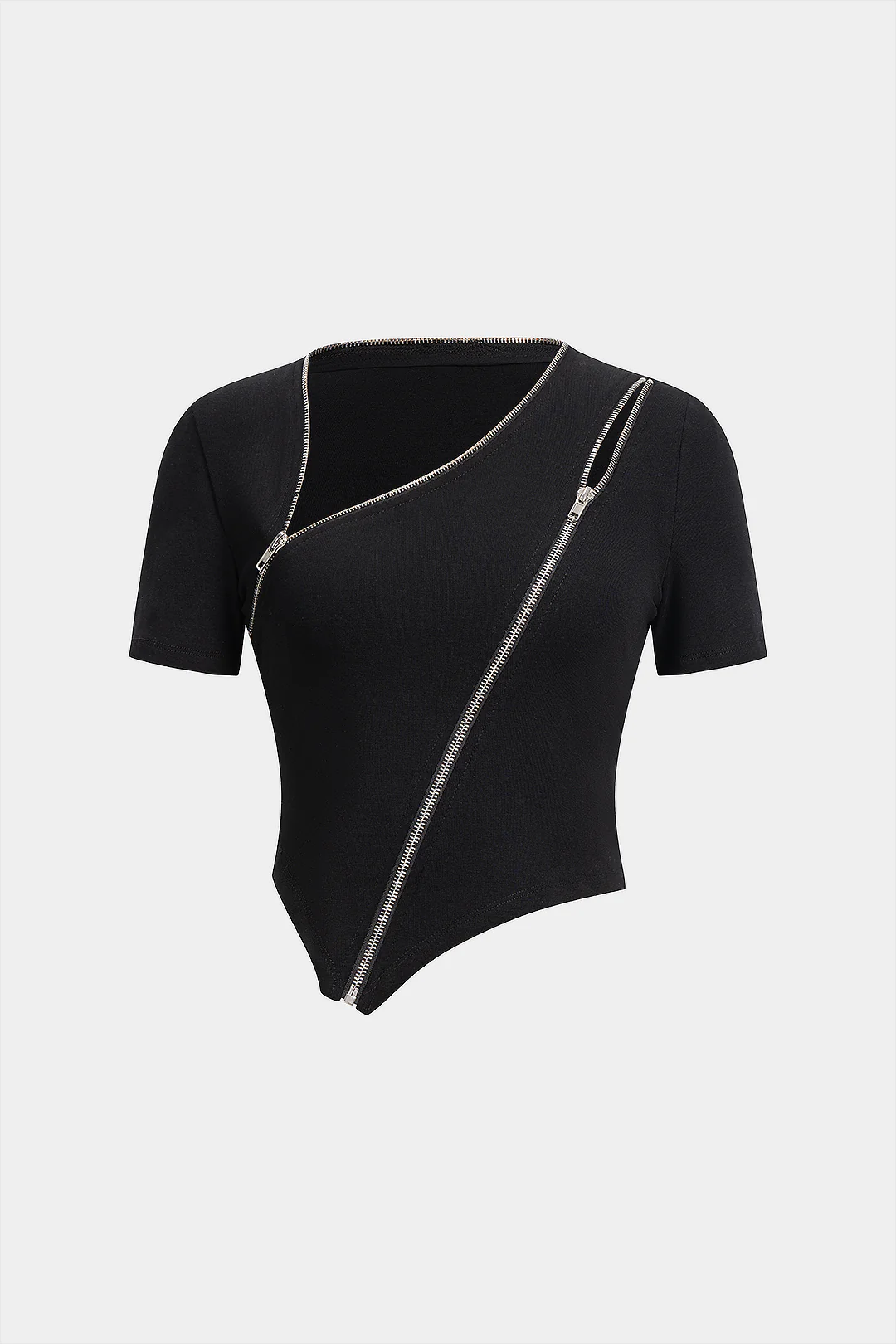 Asymmetrical Zipper Round Neck Short-Sleeve Top - Weenar