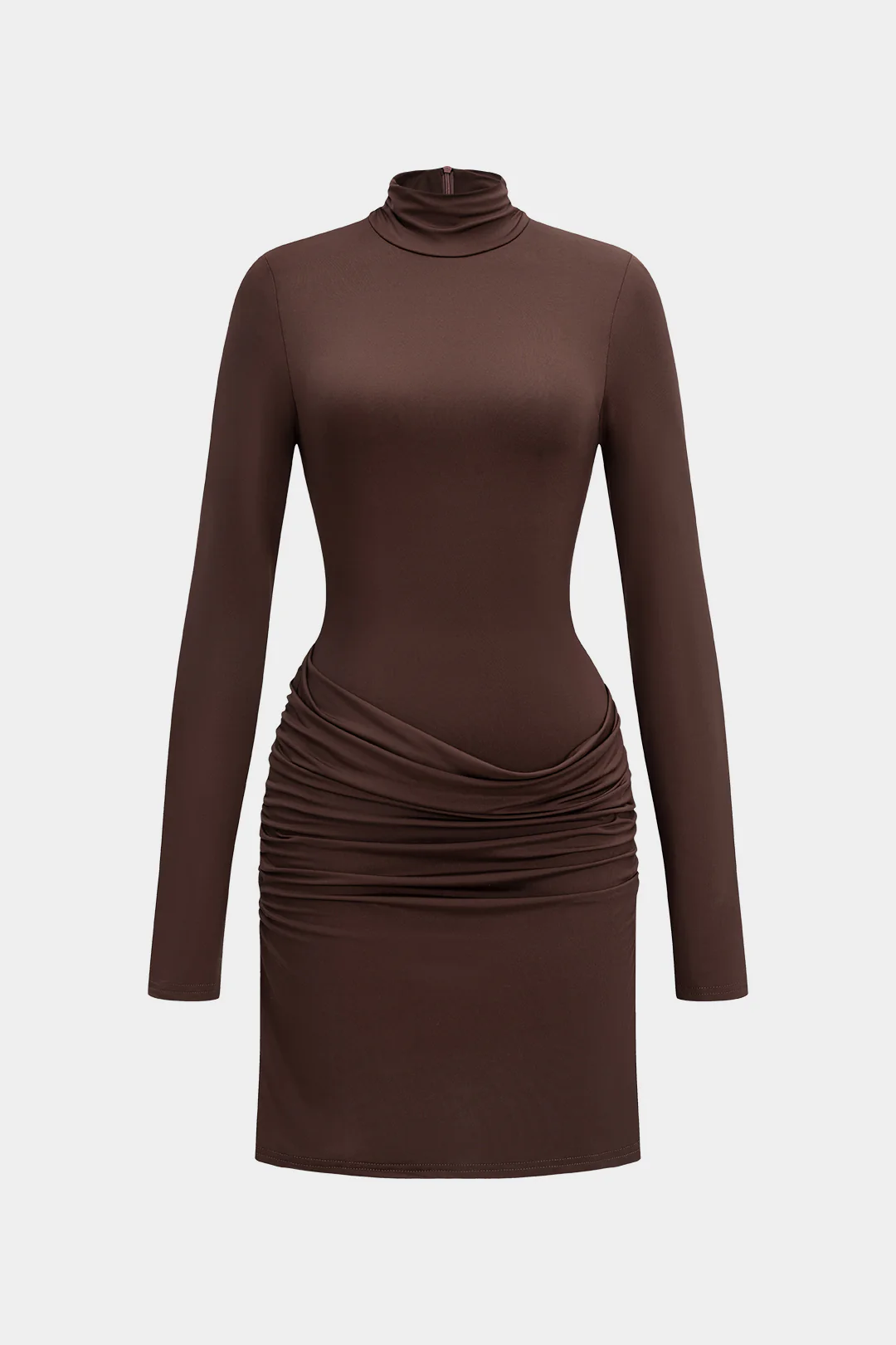 Mock Neck Ruched Zipper Long Sleeve Mini Dress - Weenar