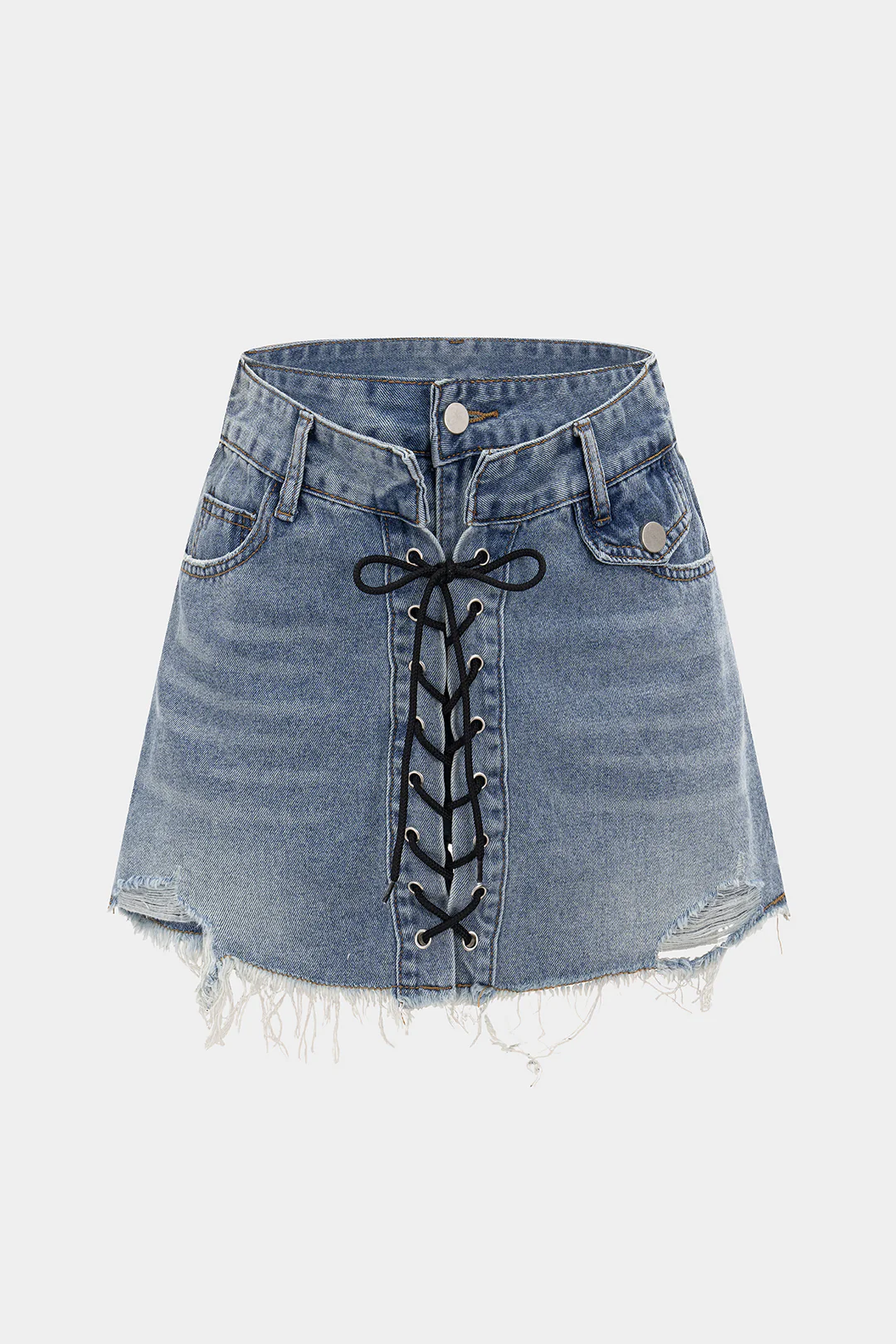 Denim Tie Up Ripped Hem Shorts - Weenar