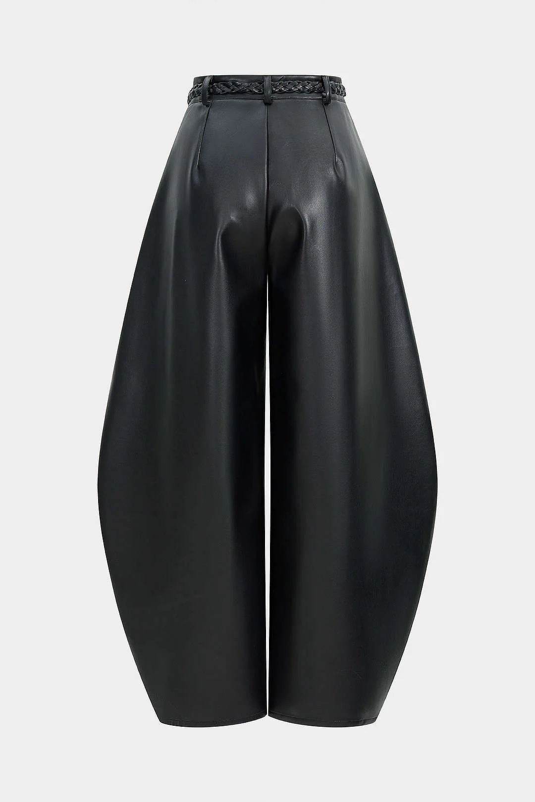 Faux Leather Braided Belted High Waist Barrel Trousers - Weenar