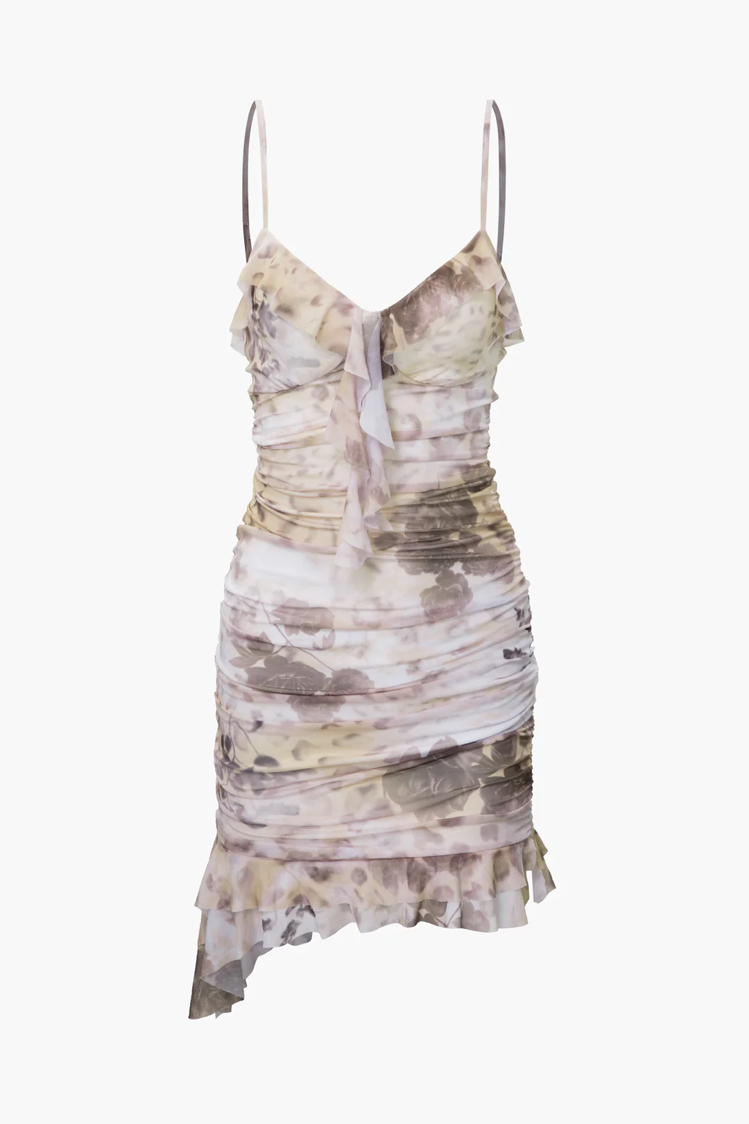 Floral Print Ruffle Ruched Sleeveless Mini Dress - Weenar