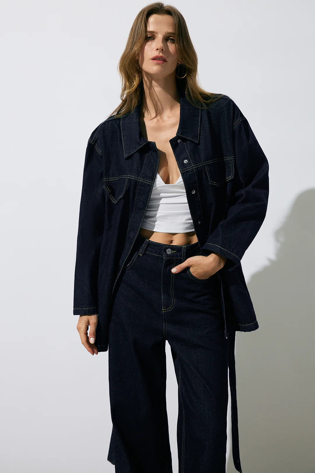 Denim Belted Long Sleeve Shirt - Weenar
