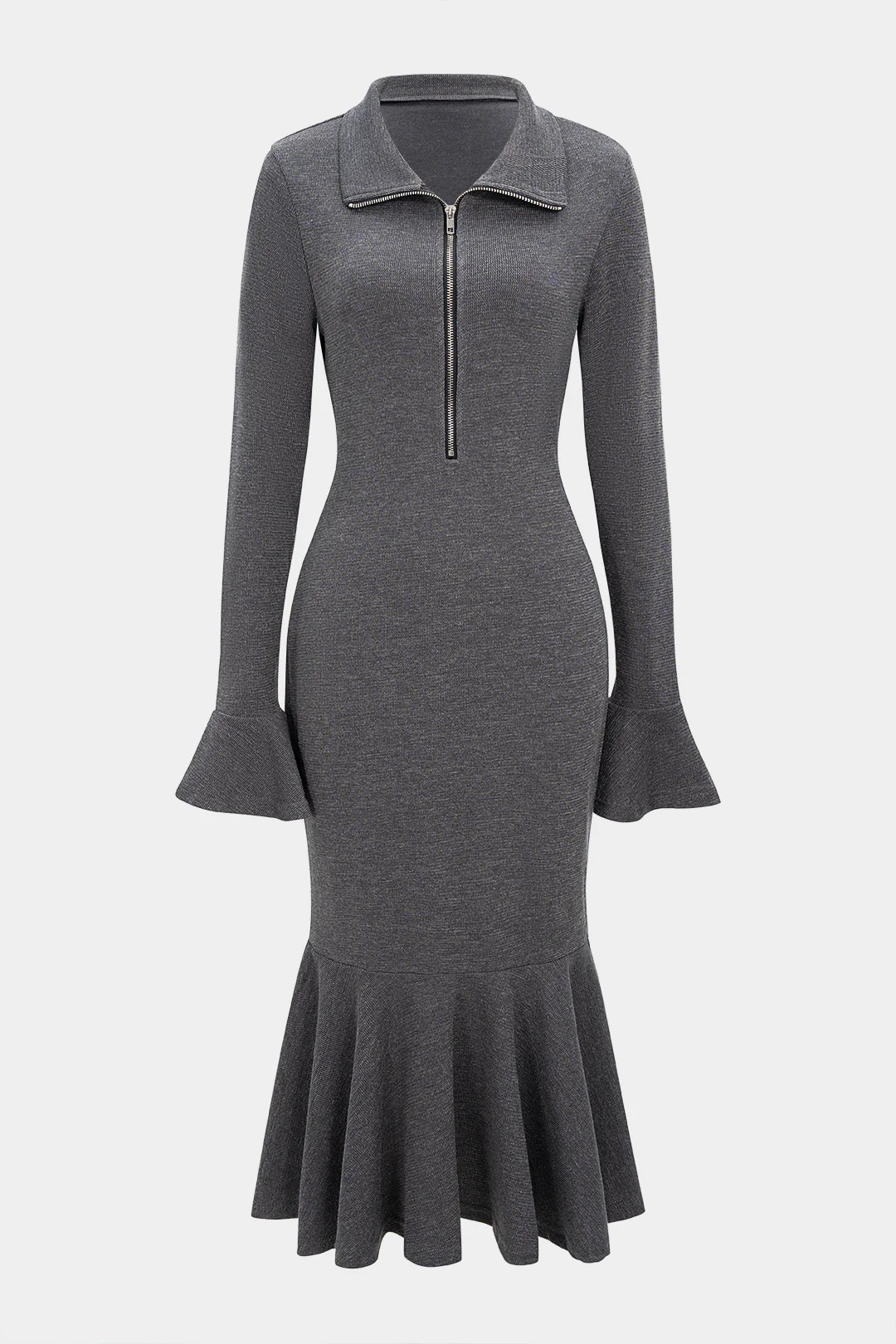 Lapel Ruffle Hem Zipper Bell Sleeve Midi Dress - Weenar