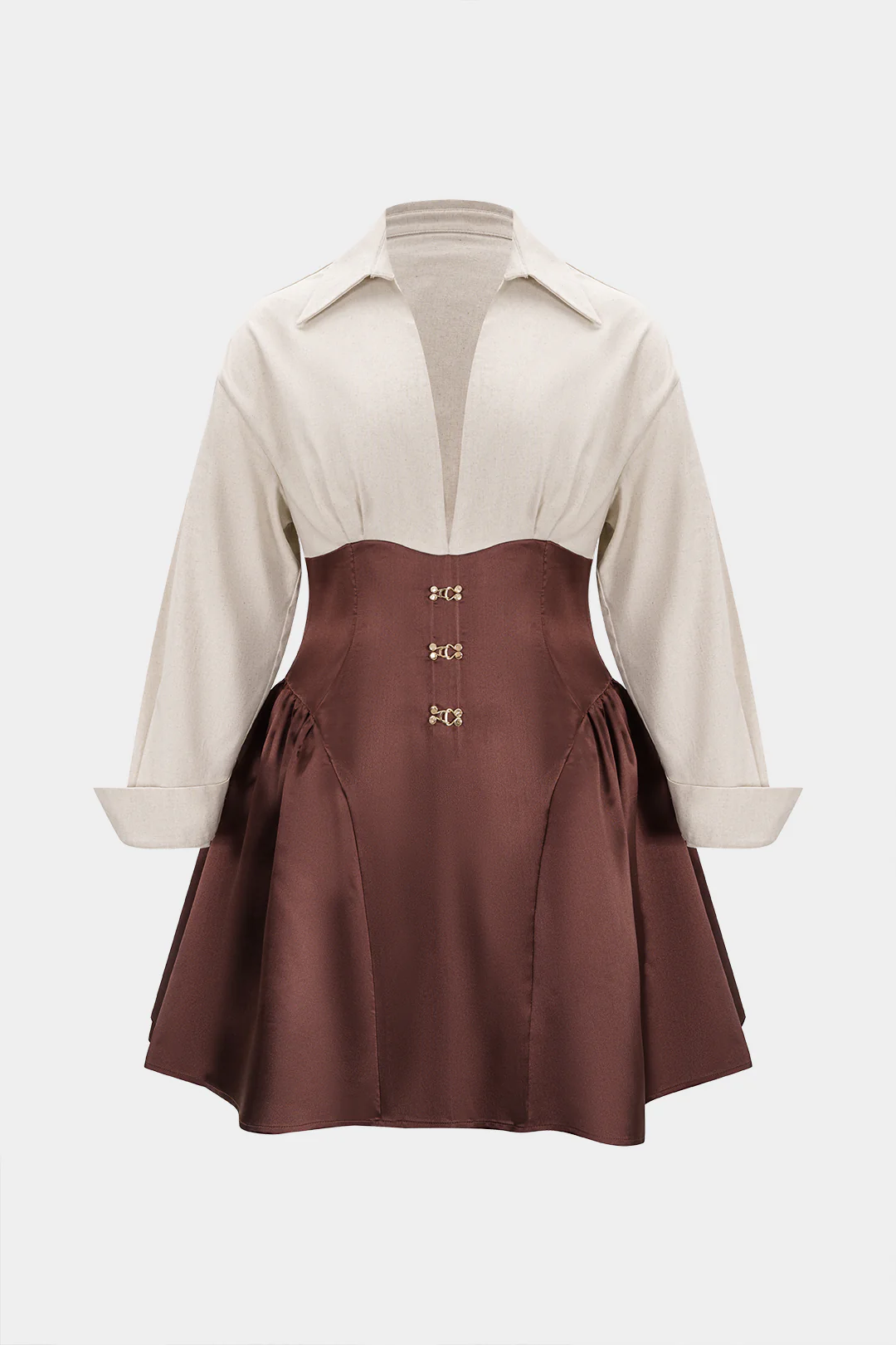 Plus Size Patchwork V-Neck Buckle Long Sleeve Mini Dress - Weenar