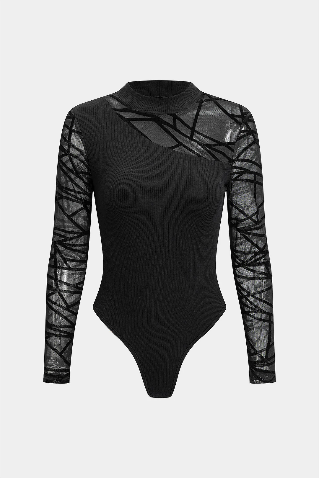 Lace Patchwork Round Neck Ribbed Long Sleeve Bodysuit - Weenar