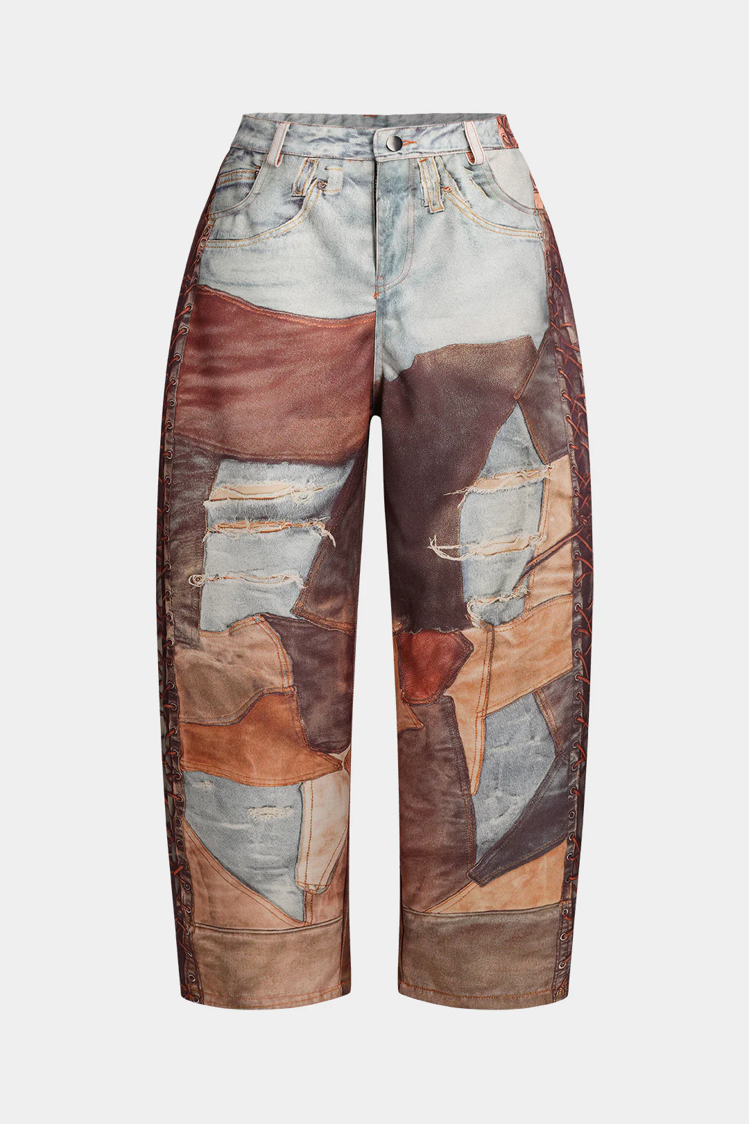Plus Size Patchwork Button Zipper Pocket Wide Leg Trousers - Weenar