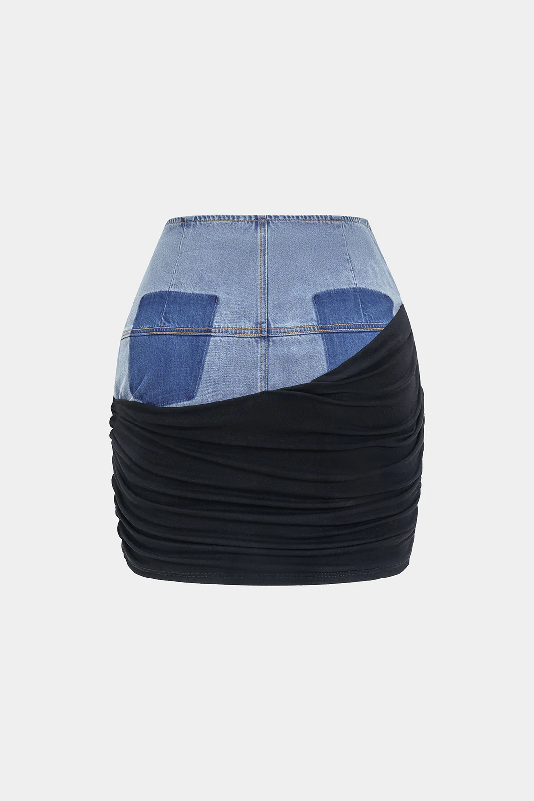 Denim Patchwork Ruched Skirt - Weenar