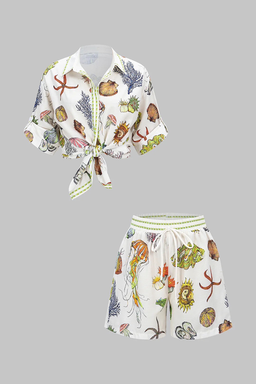 Ocean Print Button Short Sleeve Shirt And Shirred Waistband Shorts Set - Weenar