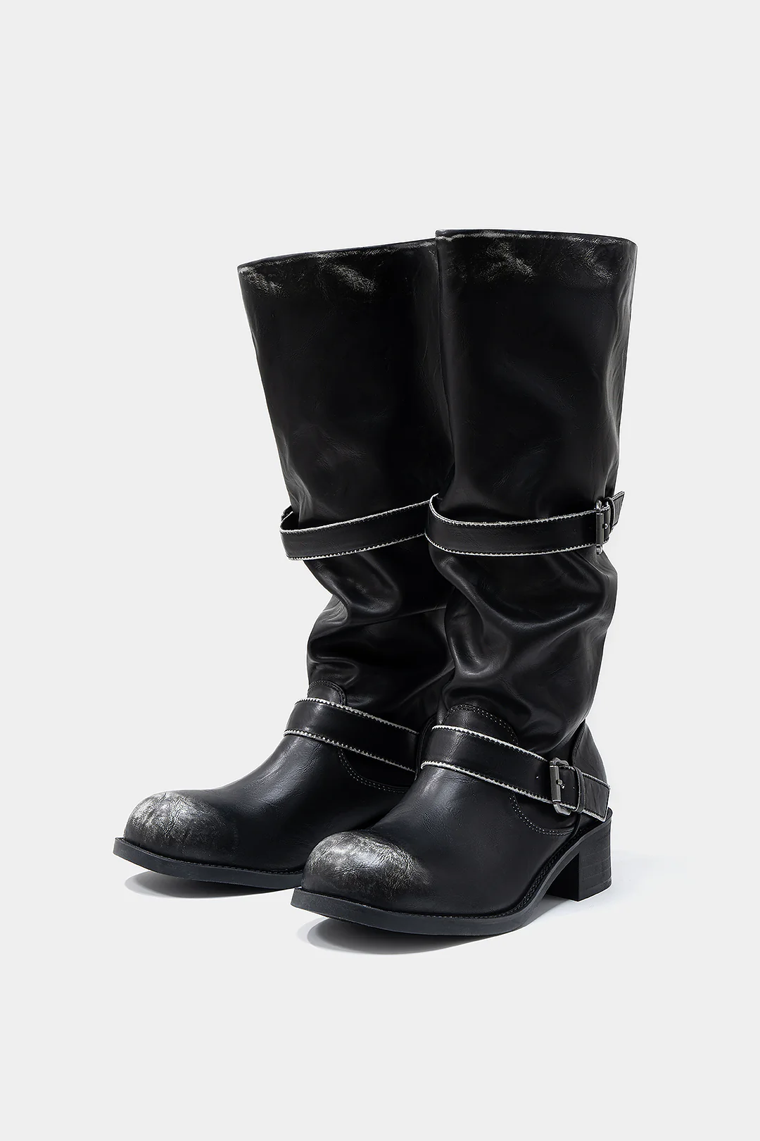 Leather Metallic Buckle Mid Calf Boots - Weenar