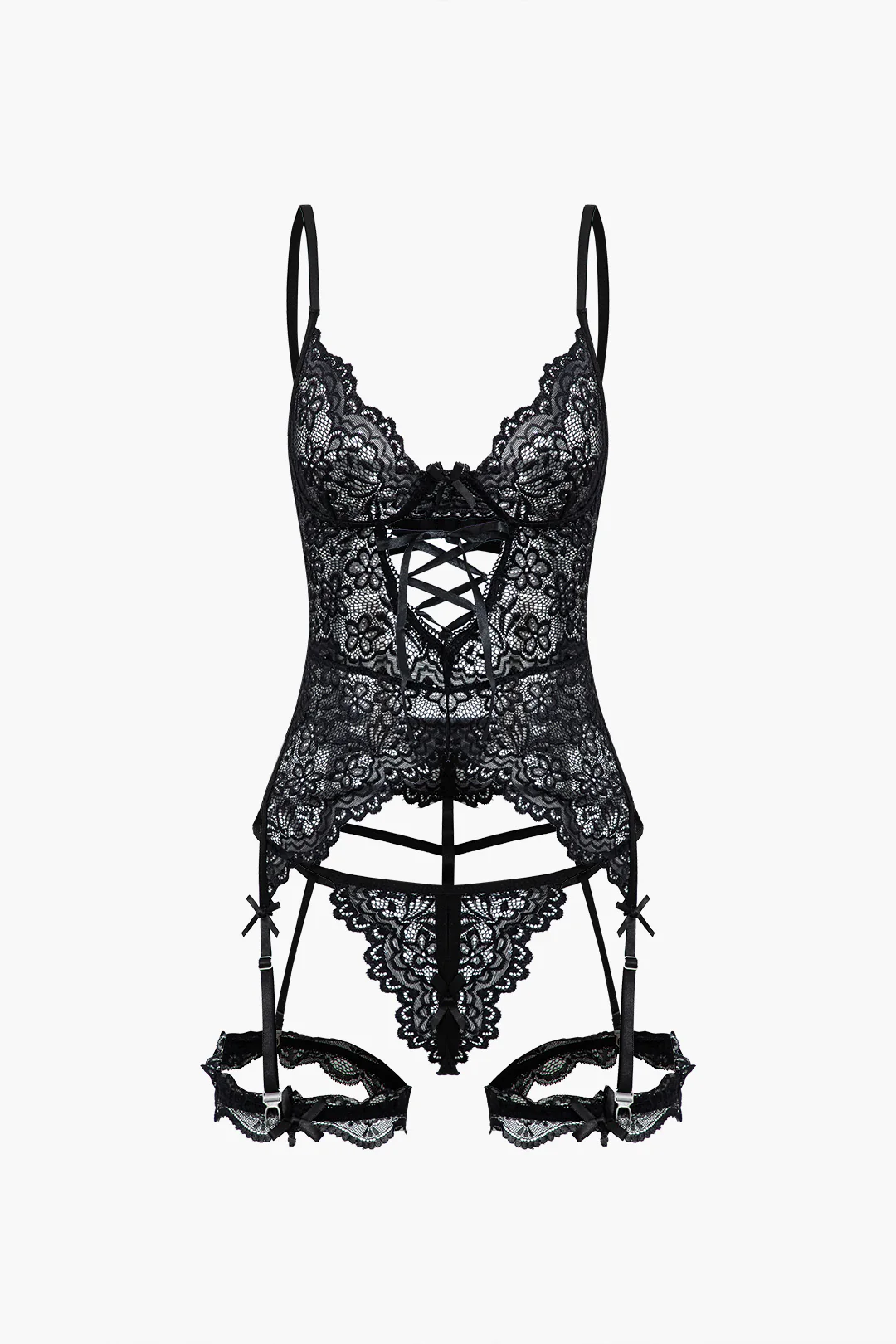 Solid Cut Out Lace Lingerie Garter Set - Weenar