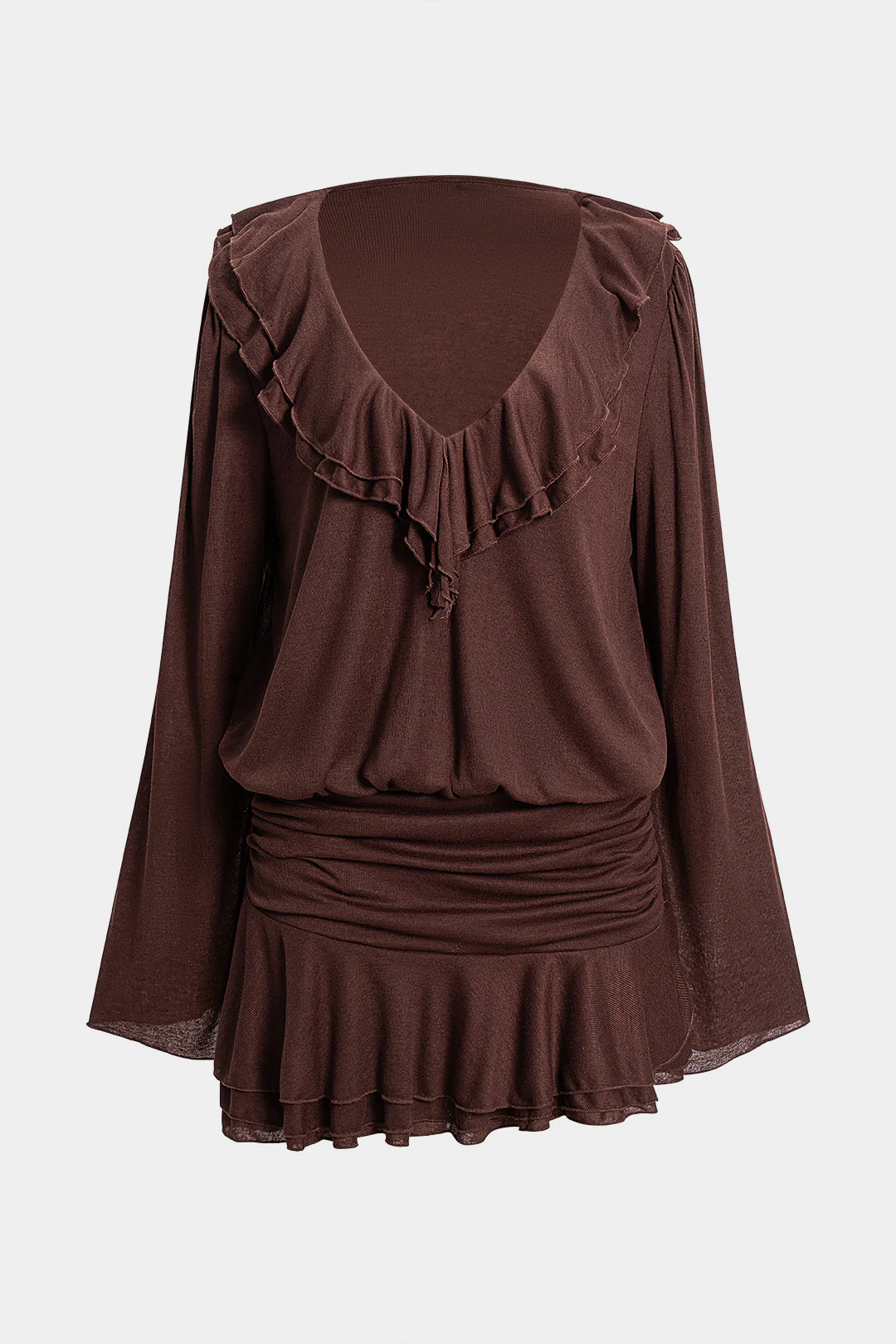 Solid Ruffel Ruched V-Neck Long Sleeve Mini Dress - Weenar