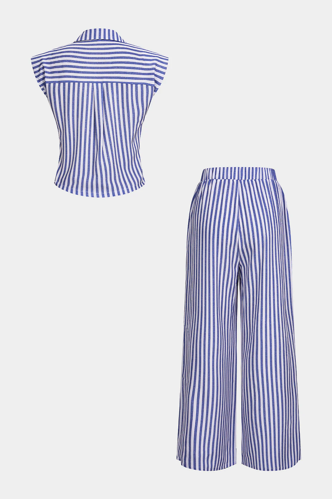 Stripes Print Lapel Sleeveless Top And Wide Leg Pants Set - Weenar