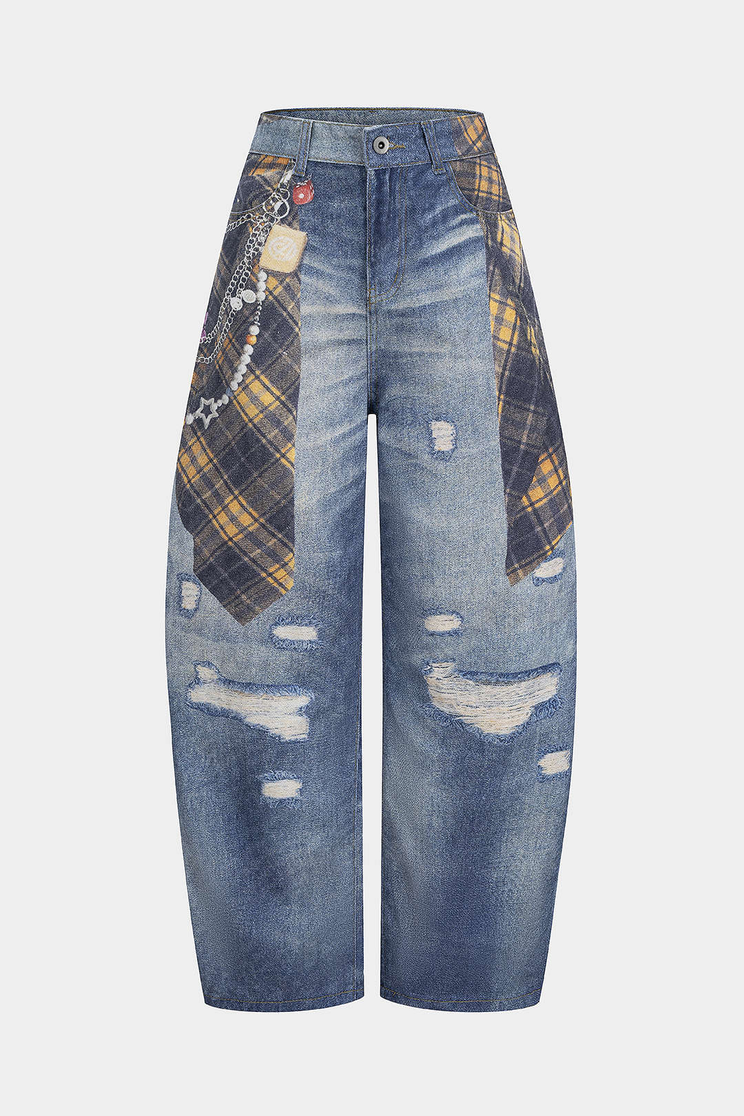 Plaid Denim Print High Waist Wide Leg Pants - Weenar