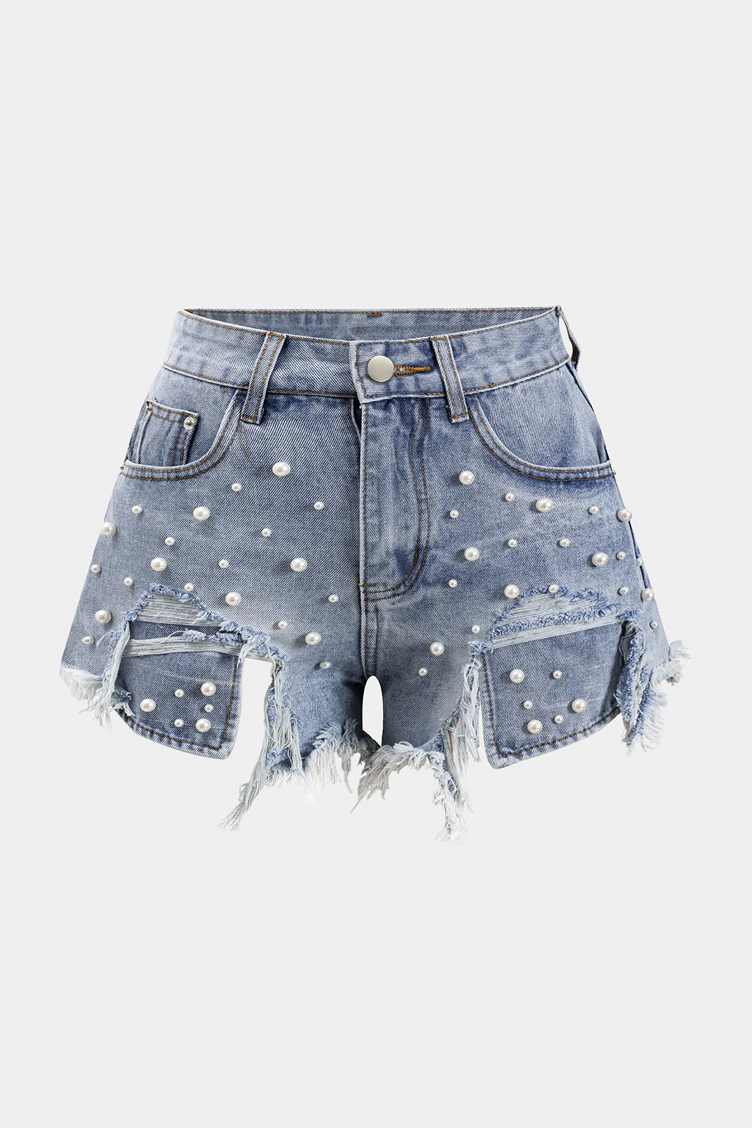 Plus Size High Waist Beaded Denim Shorts - Weenar