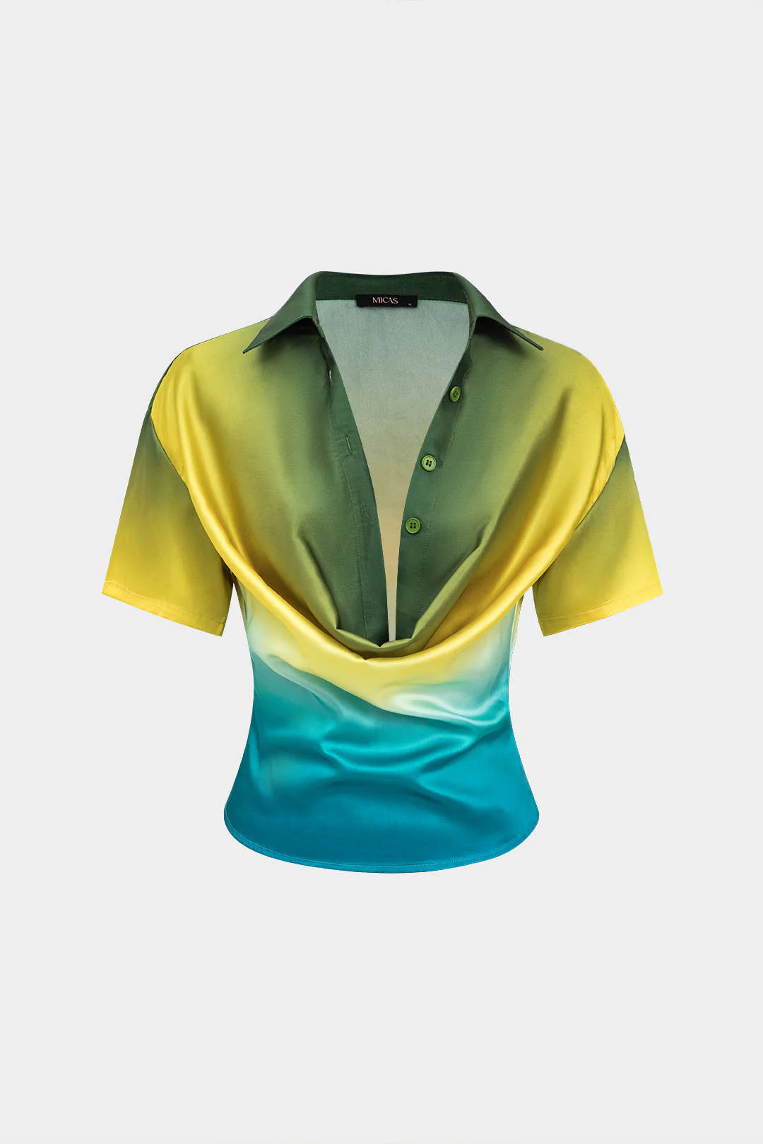 Ombre Print Satin Cowl Neck Short-Sleeve Shirt - Weenar
