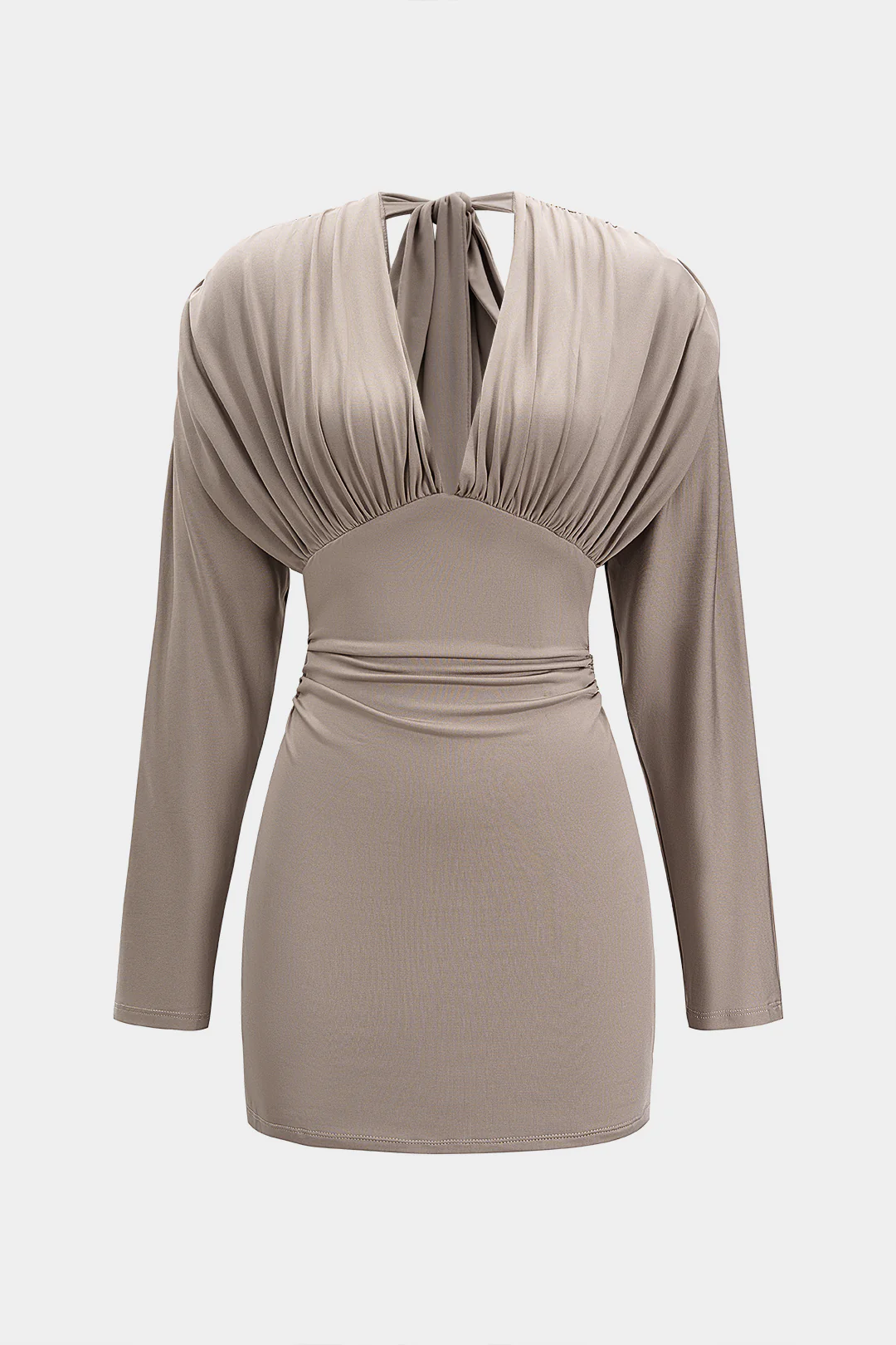 V-Neck Tie Back Ruched Long Sleeve Mini Dress - Weenar