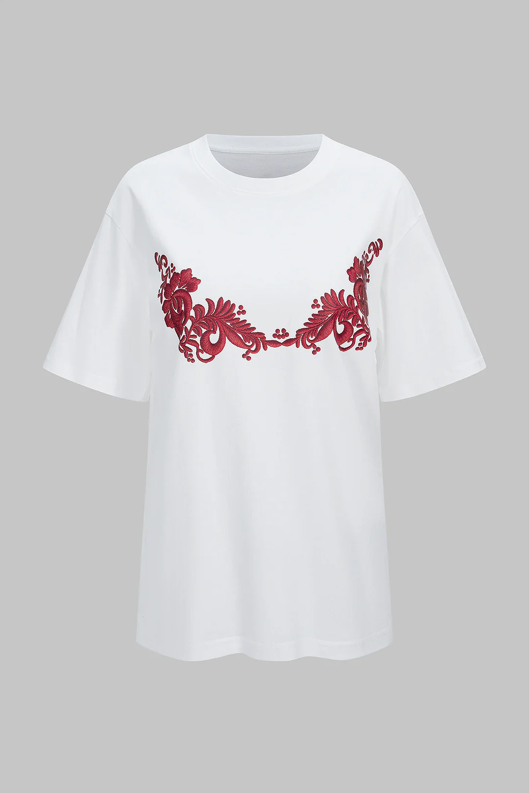 Floral Embroidery Round Neck Short Sleeve T-Shirt - Weenar