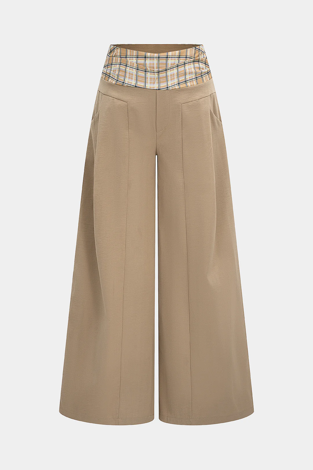 Plaid Print Pocket Wide Leg Trousers - Weenar
