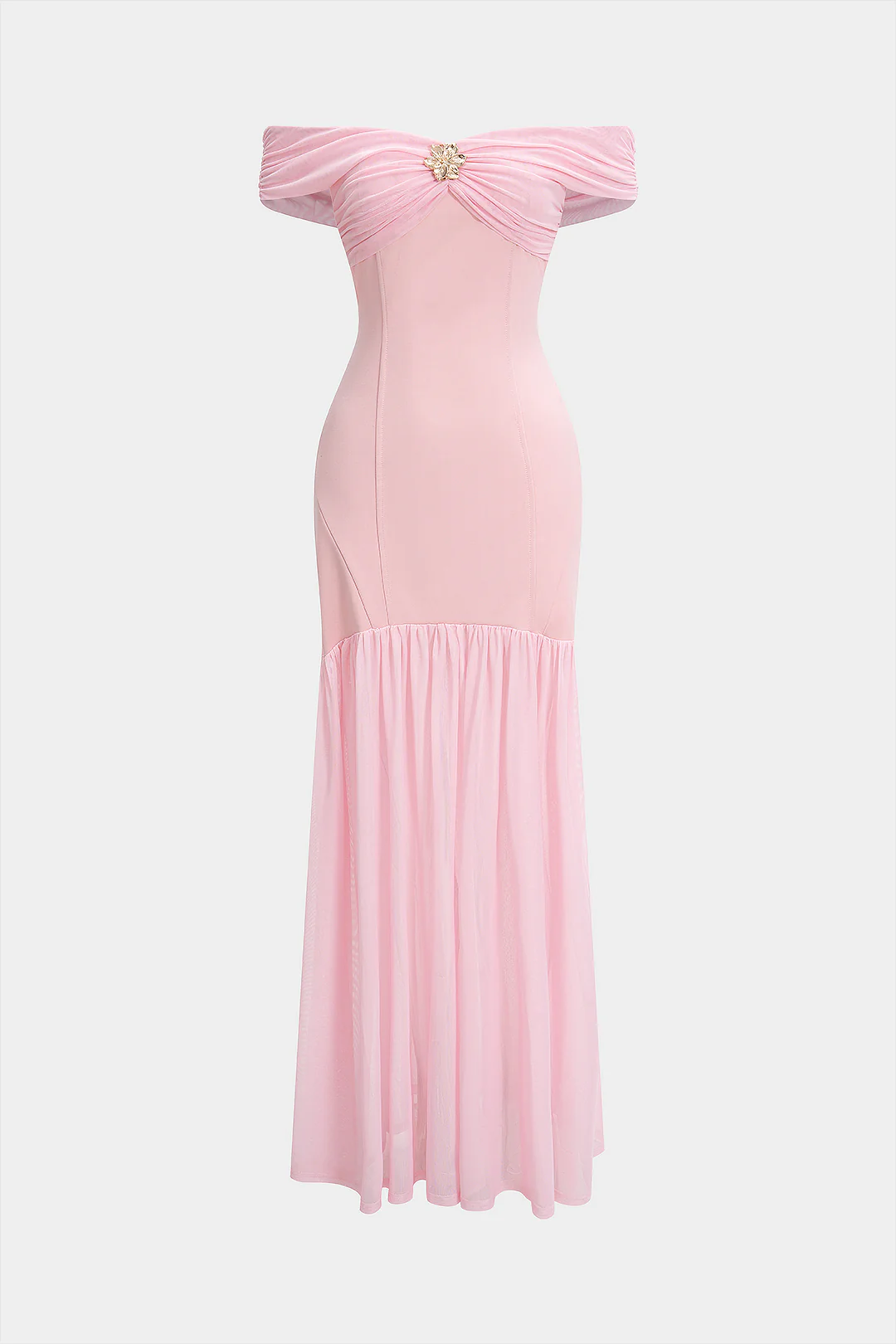 Ruched Metallic Decor Patchwork Off Shoulder Strapless Maxi Dress - Weenar