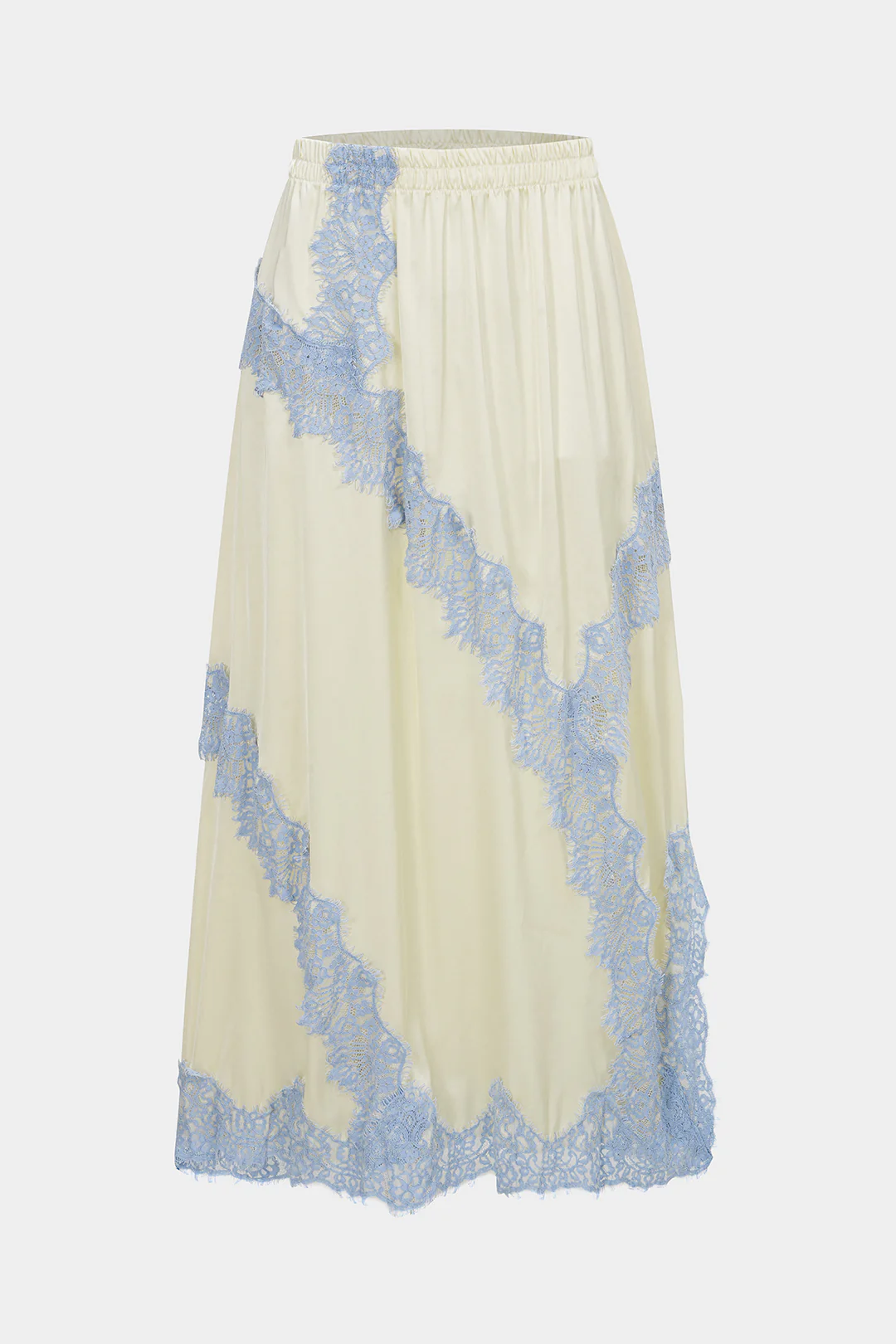 Satin Patchwork Lace Trim Shirred Waistband Skirt - Weenar