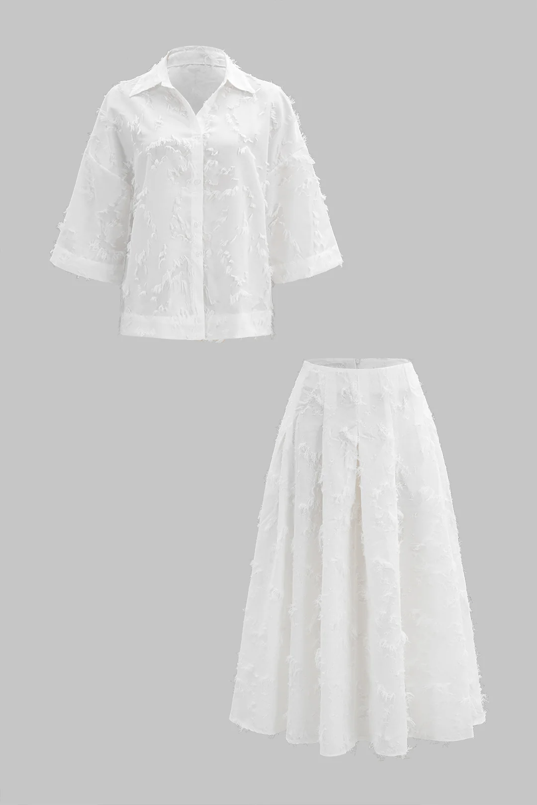 Feather Fringe Long-Sleeve Shirt And Zipper Skirt Set - Weenar