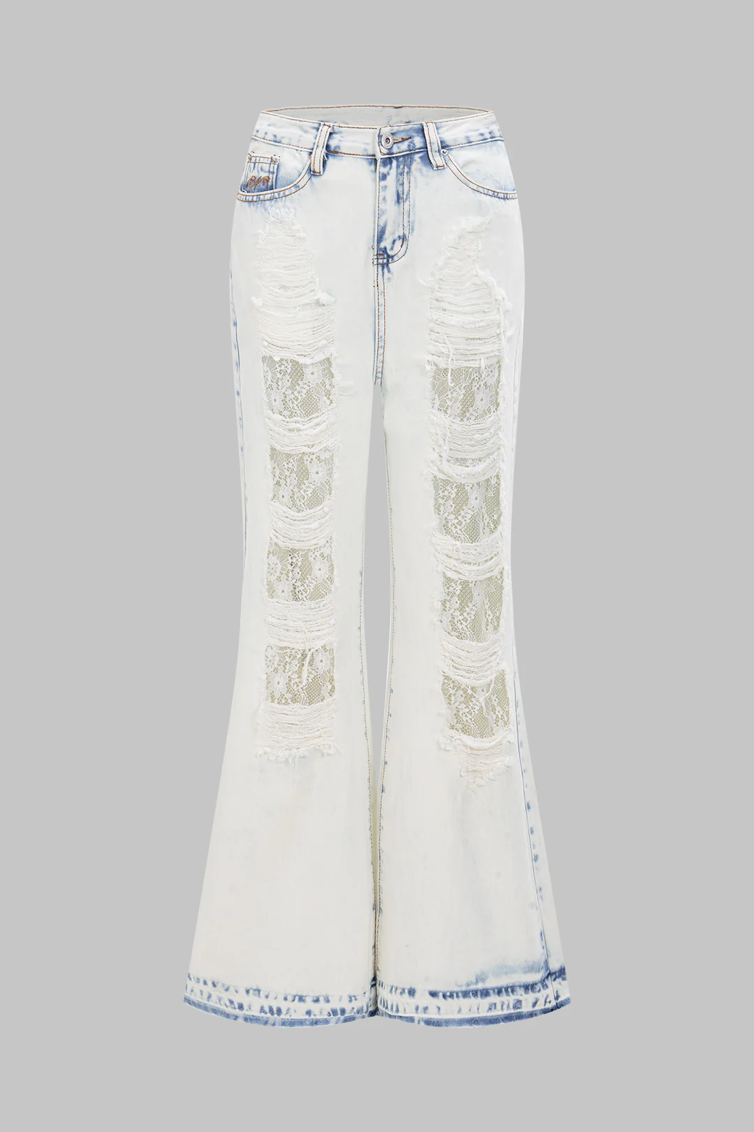 Denim Lace Cut Out Ripped Wide Leg Jeans - Weenar