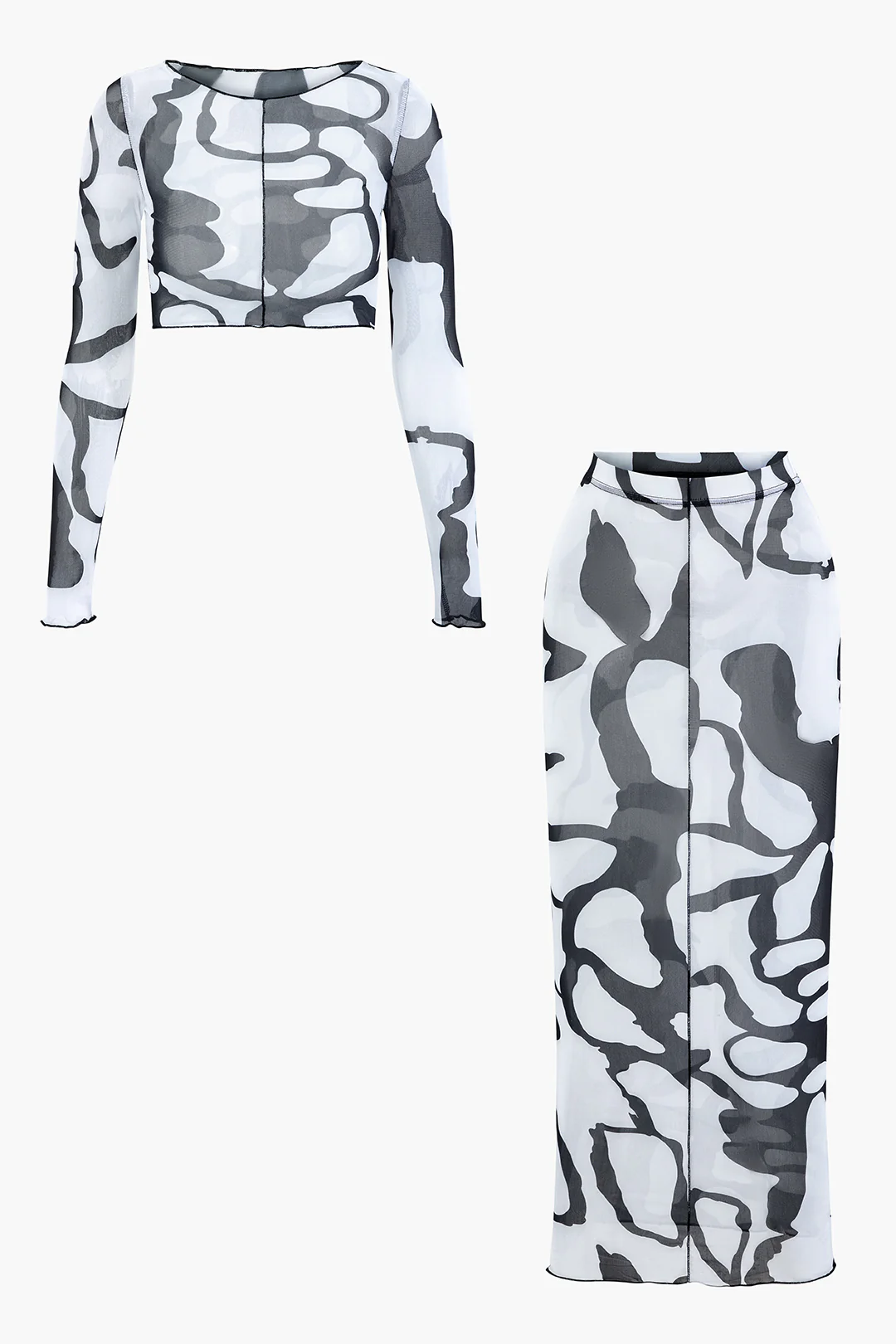 Mesh Artistic Print Round Neck Cropped Long Sleeve Top And High Waist Skirt Set - Weenar