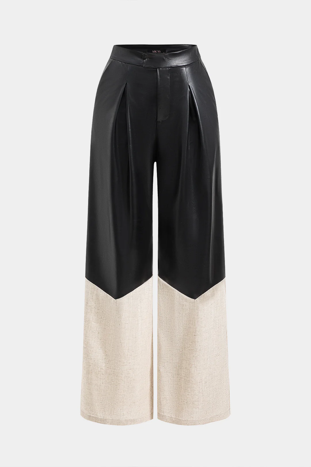Faux Leather Linen High Waist Patchwork Trousers - Weenar