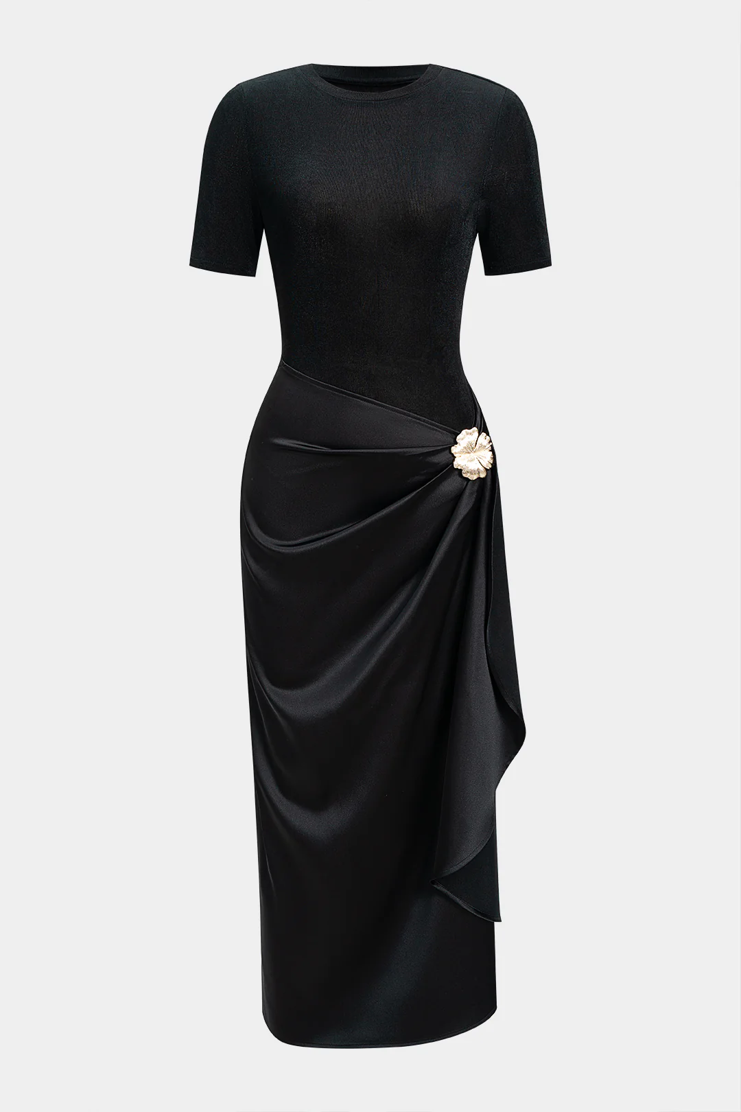 Metallic Decor Ruched Short Sleeve Midi Dress - Weenar