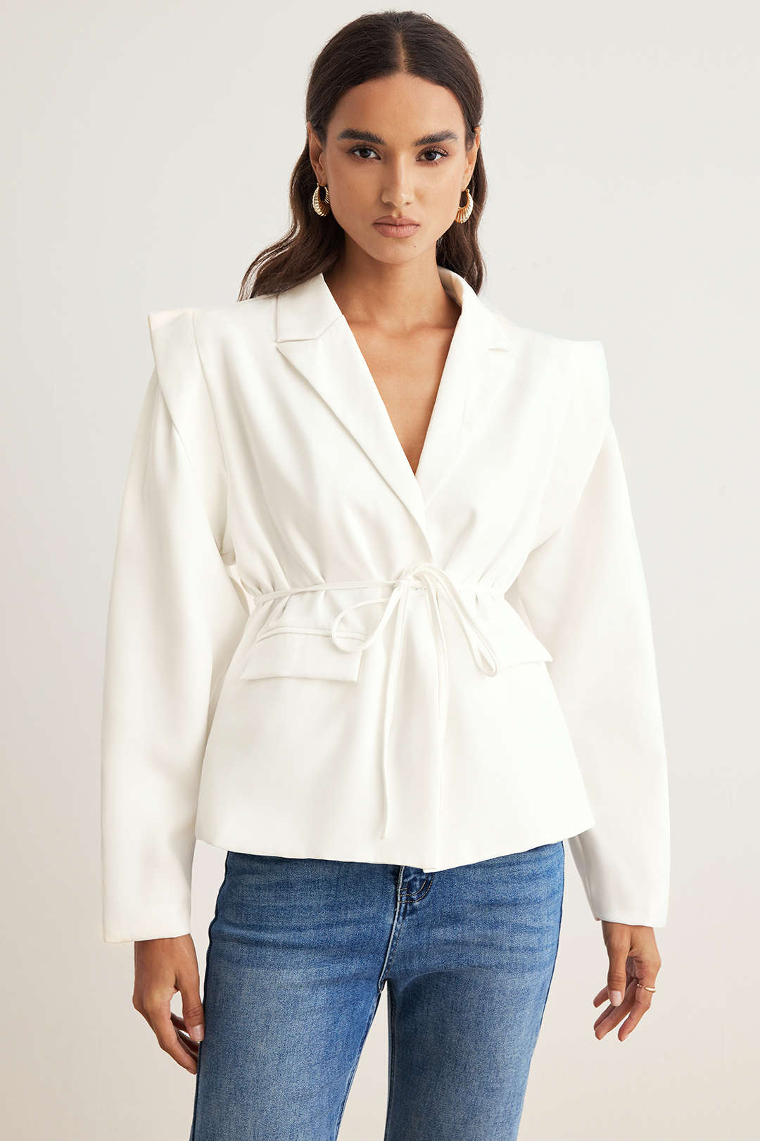 Tie-Up Notched Lapel Shoulder Pads Blazer - Weenar
