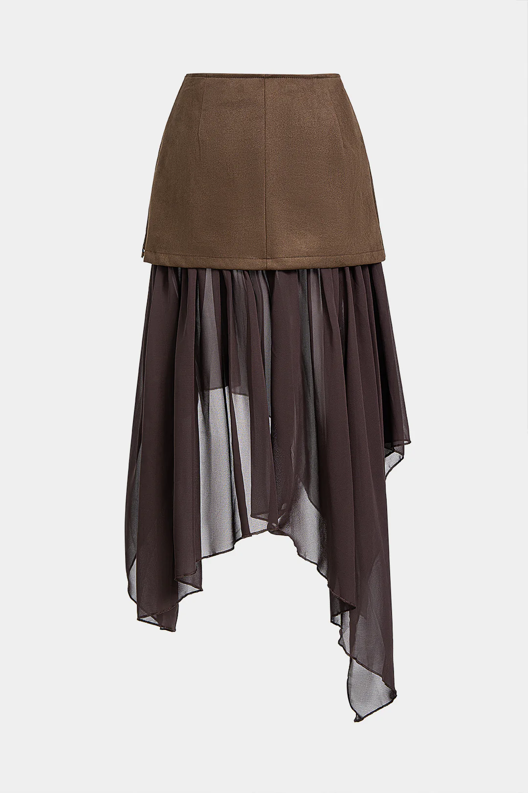Suede Patchwork Mesh Cut Out Irregular Hem Skirt - Weenar